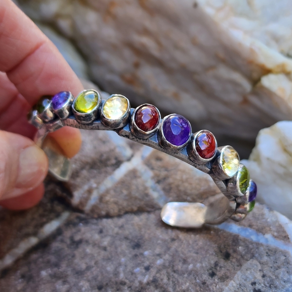 Vintage Sterling Silver 925 Natural Stones 7 inch Multi-Stone Bracelet Cuff